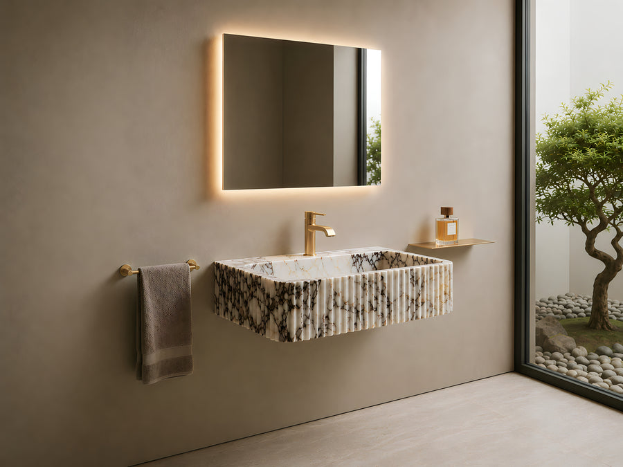 1-Luxury Floating Marble Sink, Calacatta Viola Wall Mounted Vessel Sink, Fluted Stone Bathroom Vanity, Custom Made