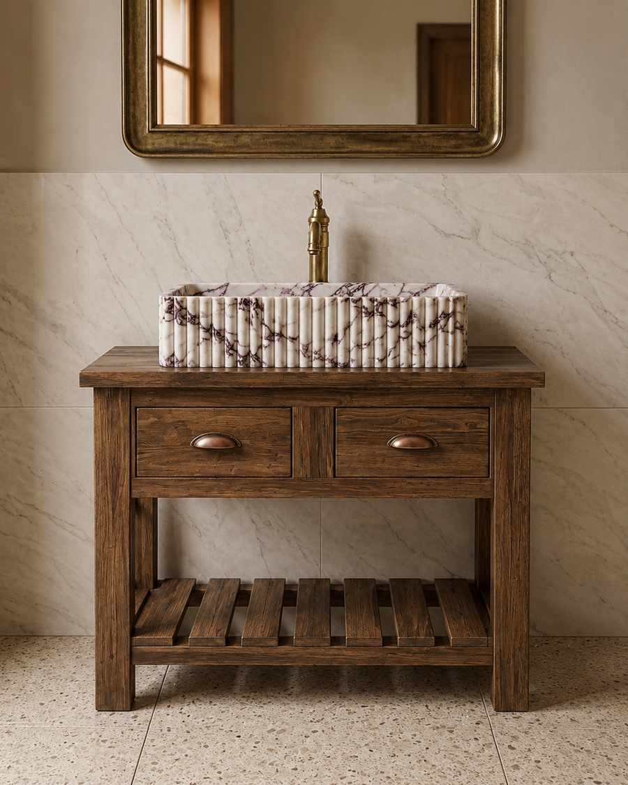 1-Marble Bathroom Vanity, Fluted Marble Sink, Rustic Wood Vanity, Single Sink Bathroom Cabinet, Luxury Vanity Set