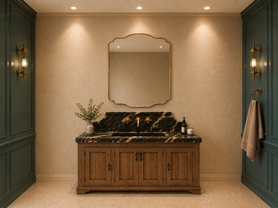 Rustic bathroom vanity made from solid wood with an integrated stone sink. Handmade farmhouse bathroom cabinet featuring natural wood texture, spacious storage, and timeless craftsmanship. Designed for luxury, modern farmhouse, and traditional bathroom in