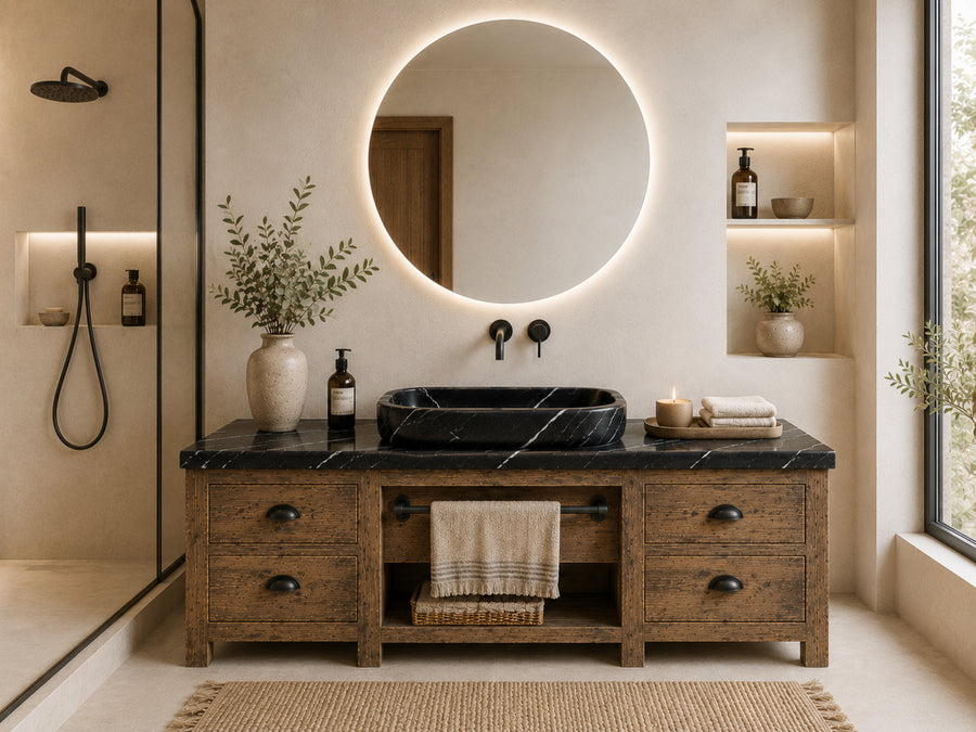 Handmade rustic bathroom vanity featuring a black marble sink with softly rounded edges and a solid reclaimed wood cabinet. Designed with functional storage drawers and an open towel shelf, this custom farmhouse bathroom vanity blends natural wood texture