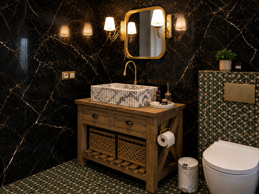 Handmade rustic bathroom vanity with a carved marble vessel sink and solid wood cabinet. Features a farmhouse-inspired design with brass fixtures and natural materials, perfect for luxury bathroom and powder room interiors.