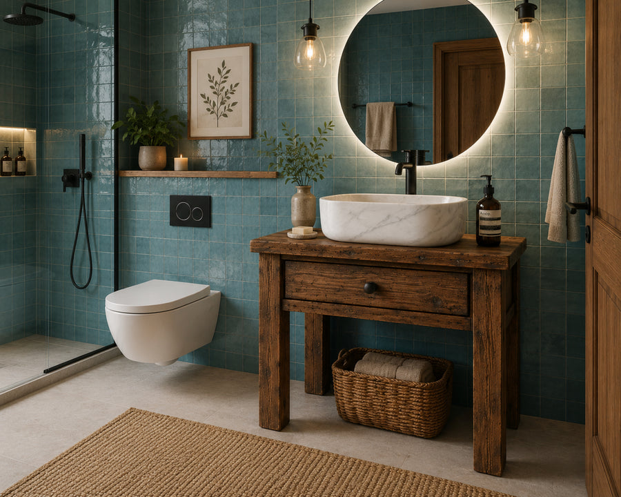 Handmade rustic bathroom vanity featuring a white marble vessel sink and reclaimed wood cabinet. Farmhouse-inspired single sink vanity designed for luxury bathrooms and powder rooms.