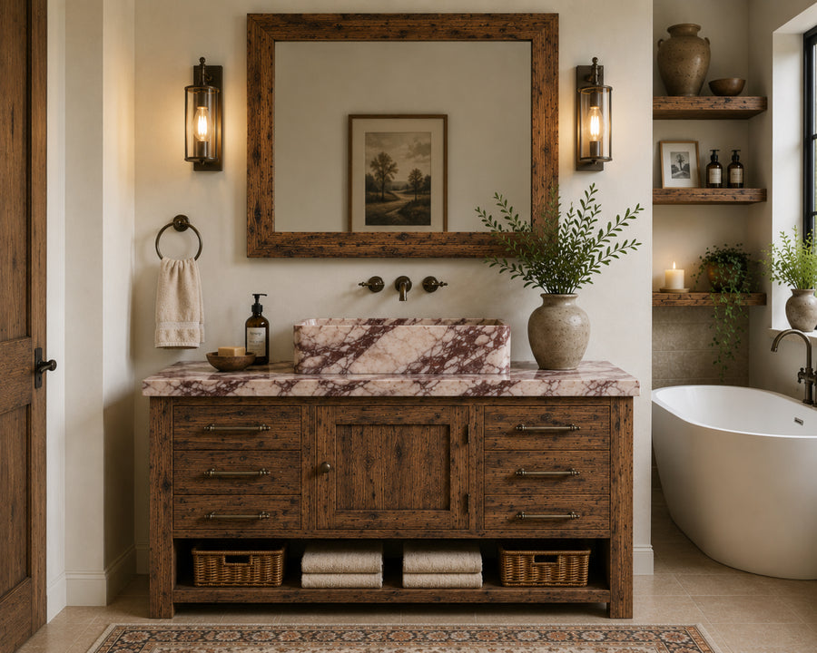 Handcrafted rustic solid wood bathroom vanity featuring a natural marble vessel sink in a modern farmhouse bathroom. Front-facing interior scene with warm lighting, premium brass hardware, and timeless American bathroom design.