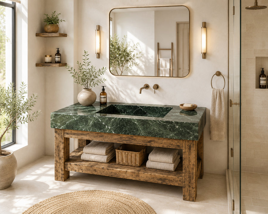 Handmade rustic bathroom vanity with an integrated green marble sink and solid wood cabinet. Front view showcasing premium craftsmanship, natural textures, and a luxury farmhouse bathroom design suitable for modern and organic interiors.