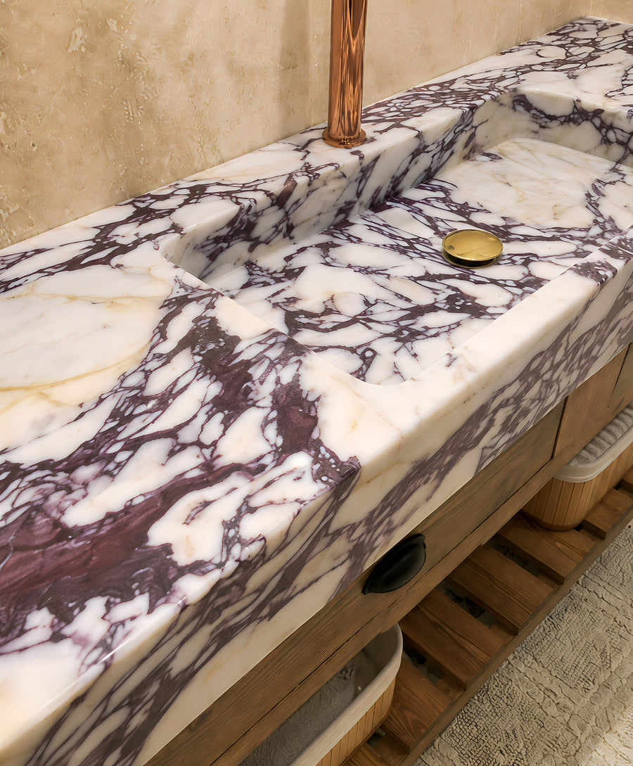 2-Marble Bathroom Vanity, Rustic Wood Vanity, Calacatta Viola Marble Sink, Farmhouse Bathroom Cabinet, Custom Vanity