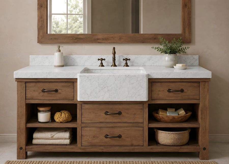 4-Rustic Wood Bathroom Vanity with Marble Sink, Farmhouse Bathroom Cabinet, Single Sink Vanity, Luxury Custom Vanity