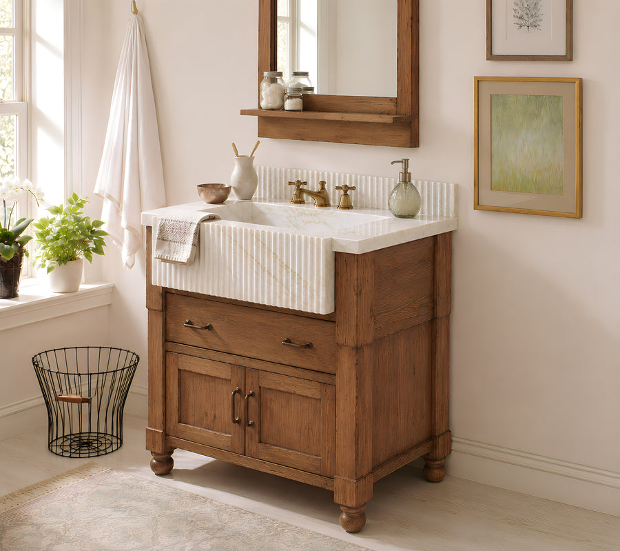 5-Marble Sink Vanity with Solid Wood Cabinet, Rustic Bathroom Vanity, Fluted Marble Bathroom Sink, Handmade Bathroom Vanity, Bath Furniture