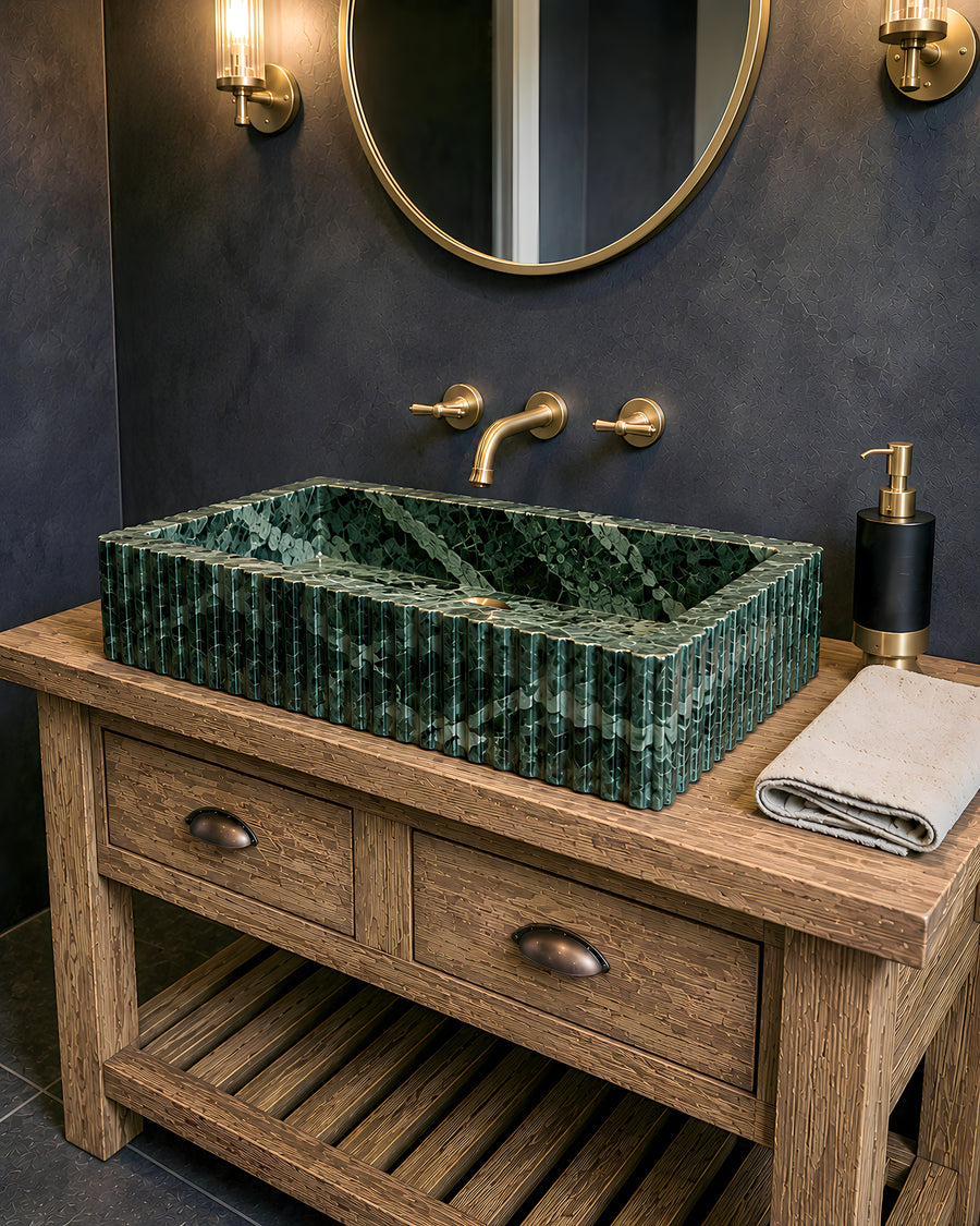 6-Marble Bathroom Vanity with Solid Wood Cabinet, Fluted Stone Sink, Handmade Bathroom Vanity, Custom Wood Vanity