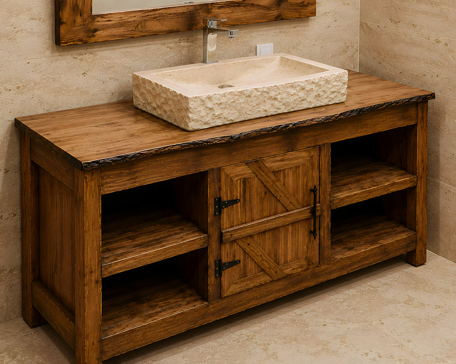 7-Rustic Solid Wood Bathroom Vanity with Travertine Sink, Handmade Bathroom Cabinet, Natural Stone Vanity, Farmhouse Bath Furniture