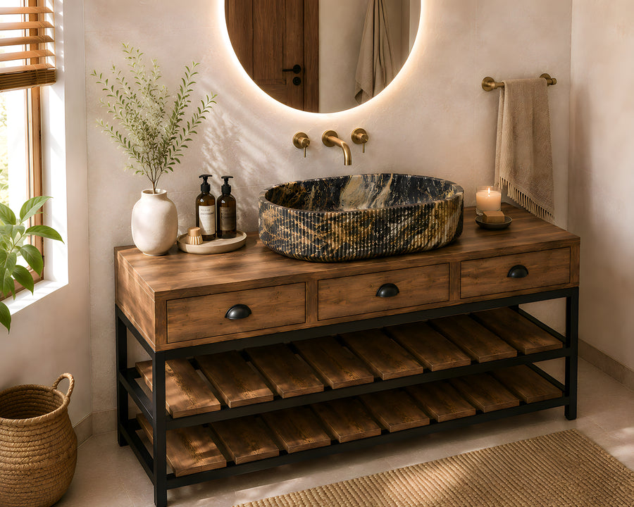 8-Fluted Marble Bathroom Vanity, Solid Wood Vanity with Sink, Rustic Single Sink Bathroom Cabinet, Modern Bathroom Furniture