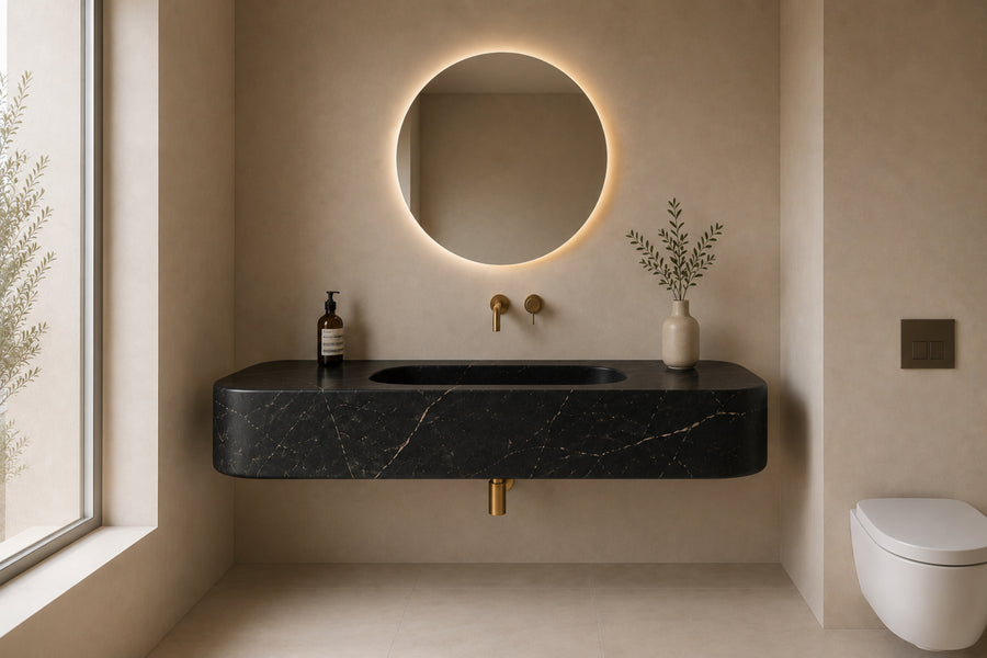 9-Floating Bathroom Sink, Wall Mounted Stone Sink, Handmade Modern Vanity Sink, Luxury Bathroom Basin