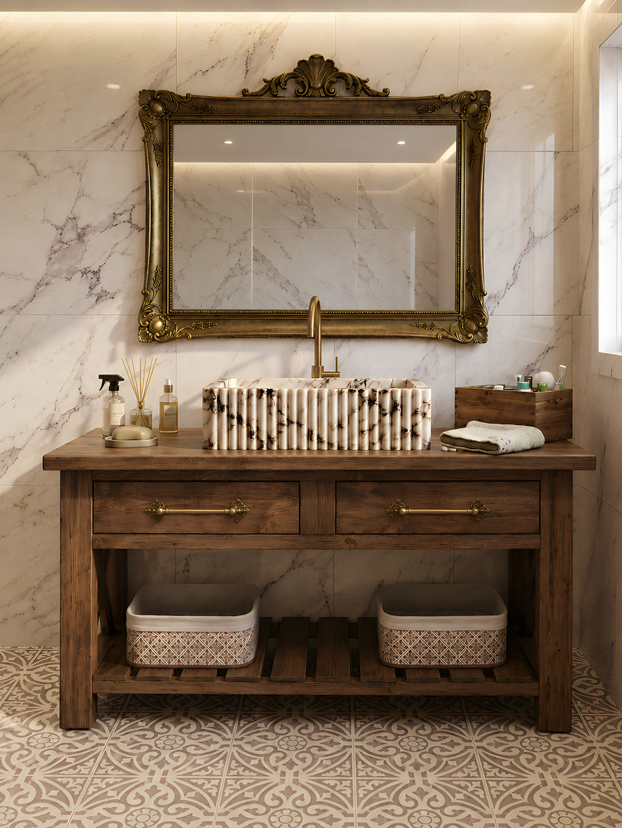 9-Solid Wood Bathroom Vanity with Fluted Marble Sink, Rustic Farmhouse Vanity, Handmade Marble Bathroom Cabinet