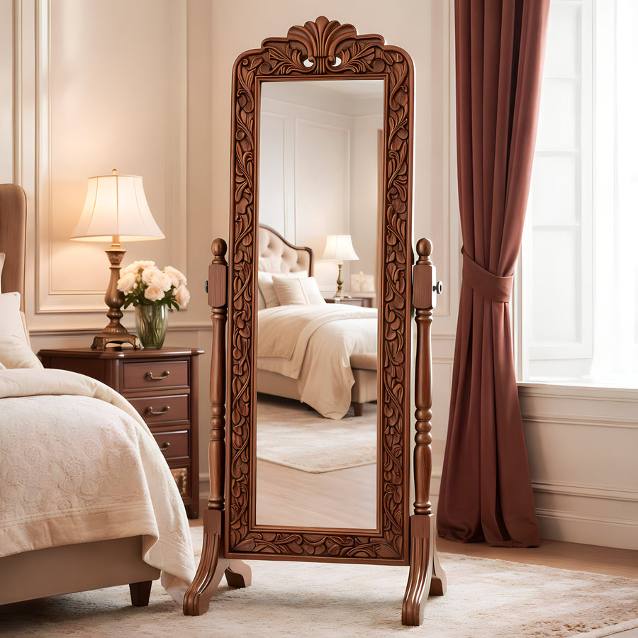 Bring timeless elegance and traditional craftsmanship into your home with this hand carved wooden floor mirror.
This beautifully designed full length mirror combines classic artistry with functional design.

This standing mirror is crafted from solid wood