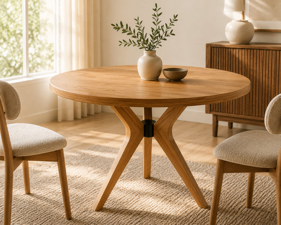 Round solid wood dining table photographed in a bright modern American dining room. The table features a sculptural three-leg pedestal base with a black center connector, styled in natural oak with soft daylight, neutral décor, upholstered dining chairs, 