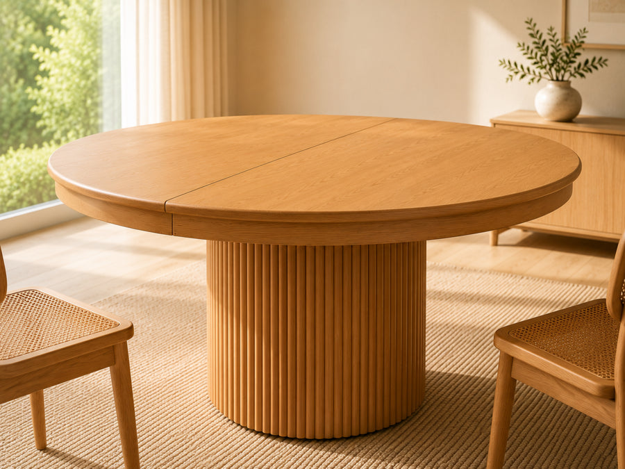 Premium hero image of a handmade expandable round solid wood dining table featuring a fluted pedestal base in a bright modern American dining room with natural daylight.
